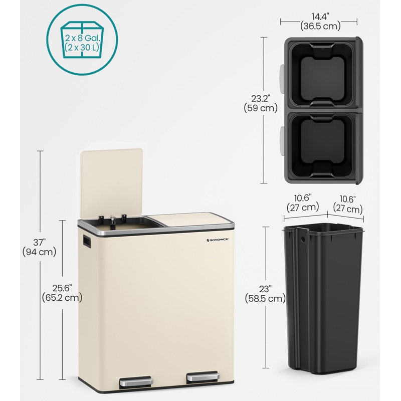 2 x 8 gallons en acier inoxydable multi-compartiments avec 15 sacs poubelles, Amande