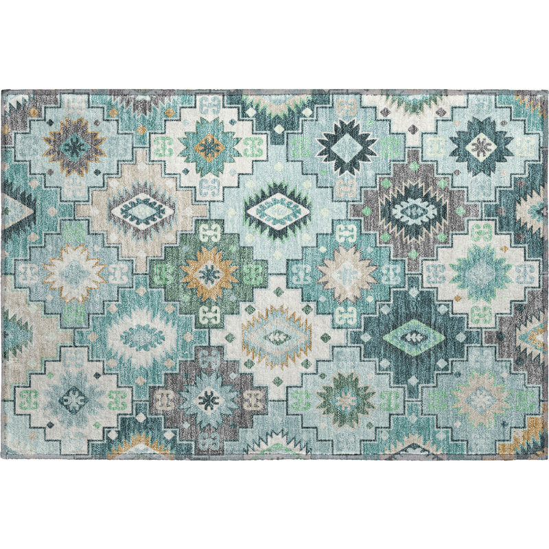 Premium Machine Washable Mayfield  Ethnic Rug, 1'8" x 2'6", Teal