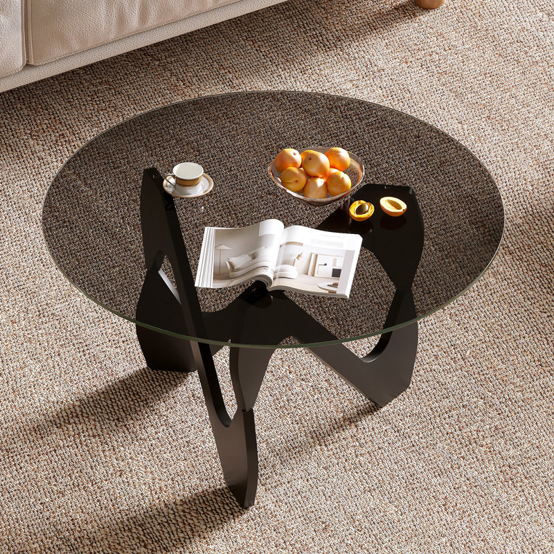 Round Coffee Table with Solid Wood Legs, Minimalist Table for Living Room, Smoked Top/Black Base