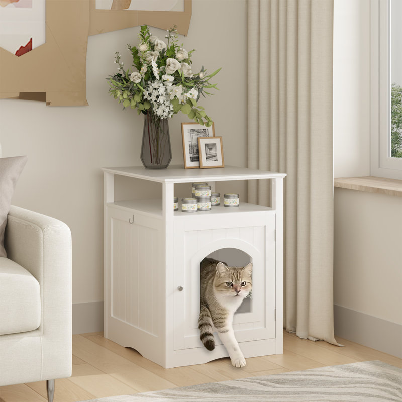 Enclos pour bac à litière blanc pour chat - Maison d'intérieur en bois avec bac dissimulé, étagère fonctionnelle, crochet latéral et structure, table moderne pour salon ou chambre à coucher en blanc, crochet d'étagère.