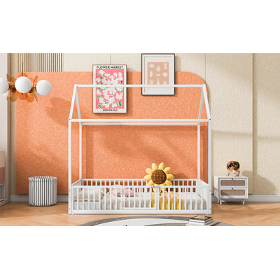 Twin Size Metal House Bed With Fence And Door