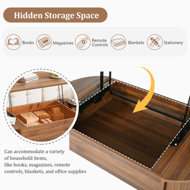 Table basse ovale à plateau relevable, conception en bois avec compartiment caché, Brown