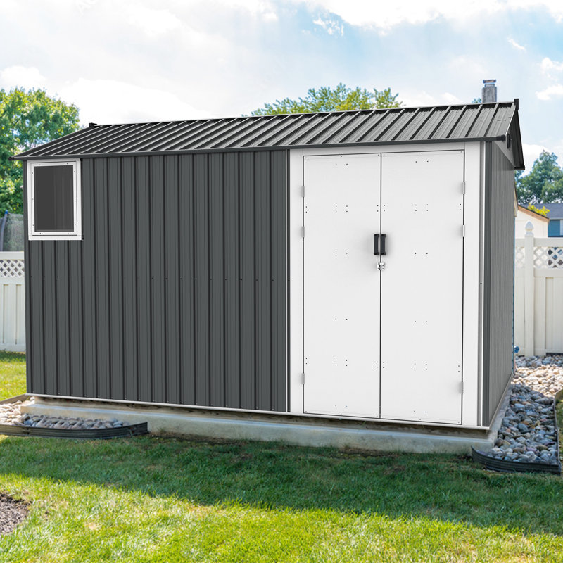 8X12 Ft Metal Shed With Air Vents & Double Hinged Door - Dark Gray Stable Floor Lockable