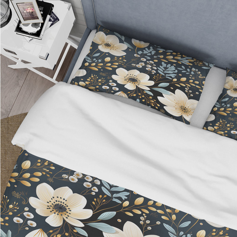 Literie Watercolor Black And White Floral Pattern, Housse de couette pour grand lit et 2 taies décor