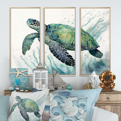 " Watercolor Turtle Swimming IV " 3 - Pieces