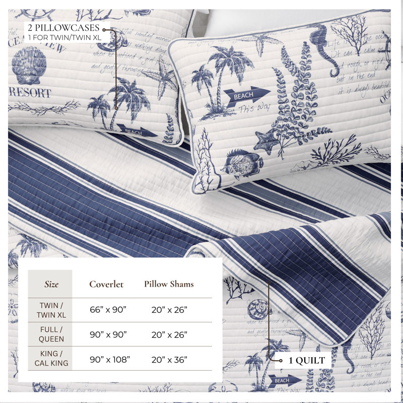 Navy Nautical Cotton Quilt Set, Full/Queen Quilt + 2 Shams