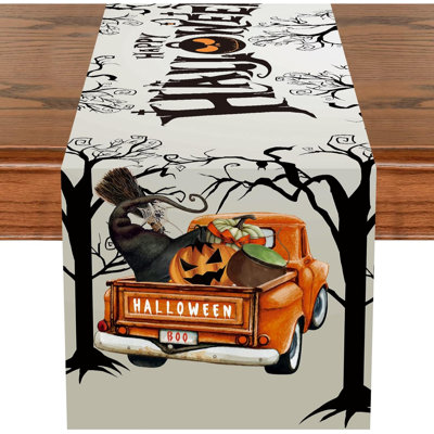 Happy Halloween Table Runner, 13 x 72 Inch Grey Woods & Truck Table Runner, Seasonal Fall Holiday Kitchen Dining Polyester Table Line for Home Party Decor