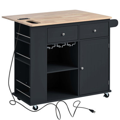 Kitchen Island With Power Outlet,Kitchen Storage Island With Drop Leaf And Rubber Wood,Open Storage And Wine Rack,5 Wheels,With Adjustable Storage For Home, Kitchen, And Dining Room, Black