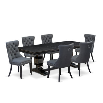 7 Pieces Dining Set Contains a Rectangle Kitchen Table and 6 Platinum Gray Polyester fabric Modern Chairs, Sand Blasting Black