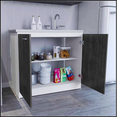 Évier utilitaire avec armoire, une tablette et rangement à deux portes Napoles - blanc / chêne fumé