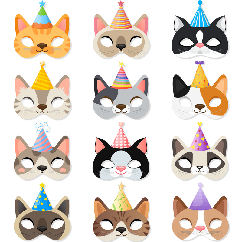 Masque d'anniversaire pour chat, ensemble de 24 masques de fête d'anniversaire pour chat - Masques de fête pour chat