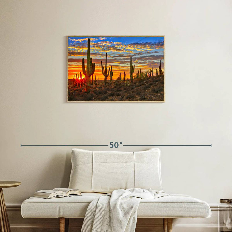 Cactus coucher de soleil, 31 po x 21 po, Cadre flottant en bois naturel