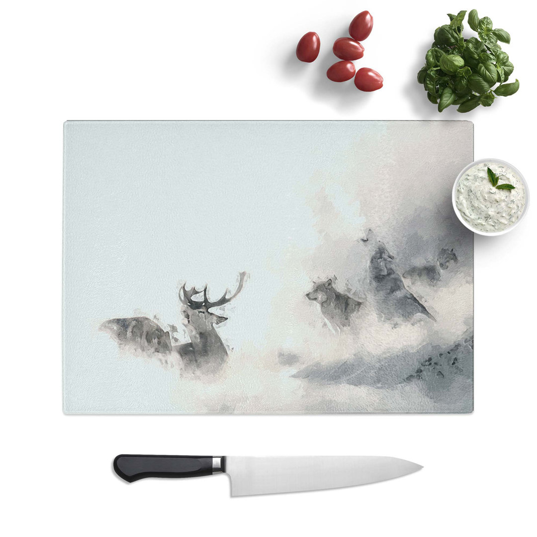 Tempered Glass Stag and Wolf with at Winter Chopping Board