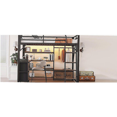 Grand lit mezzanine avec bureau et DEL, lit mezzanine en métal avec tablettes de rangement, garde-robe et tiroirs de rangement pour garçons filles (ancien SKU W2593S00036)