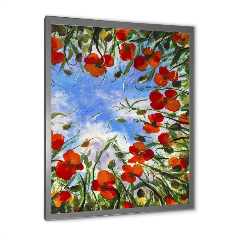 Fleurs de coquelicots rouges - peinture, Toile avec cadre photo argenté, H 32 po x l 16 po x P 1 po