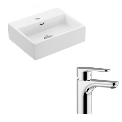 WS Bath Collections Quattro 14.4'' Glossy White/Chrome Ceramic Rectangular Bathroom Sink with Faucet and Overflow