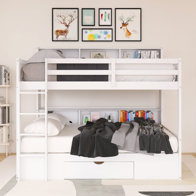 Lit superposé simple au-dessus de simple avec cadre en bois avec tablettes intégrées et tiroir de rangement, Blanc
