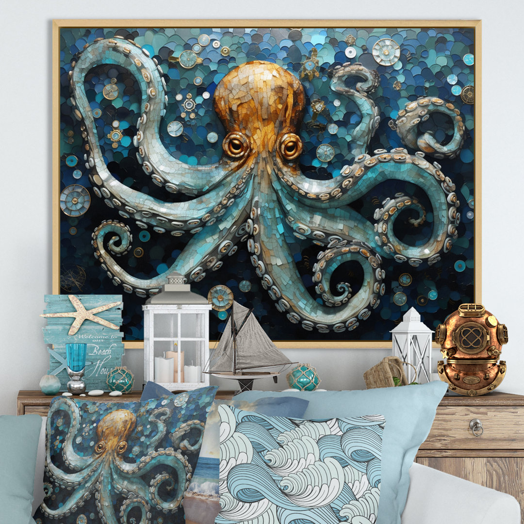 Portrait Of Blue Mystical Octopus Painting - Octopus Framed Canvas Print Beachcrest Home™ 
