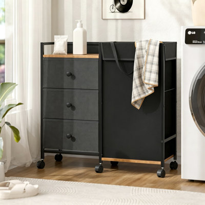 Laundry Hamper with Wheels, 123L/32.5 Gal 3-Drawer Laundry Sorter with Shelf and Detachable Bags, Rolling Clothes Hamper Cabinet with Wood Tabletop for Bedroom Bathroom Laundry Room