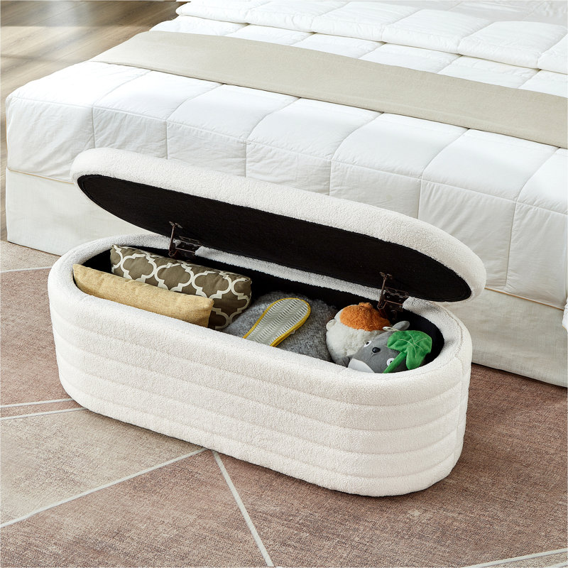 Cream White Upholstered Oval Storage Ottoman Bench