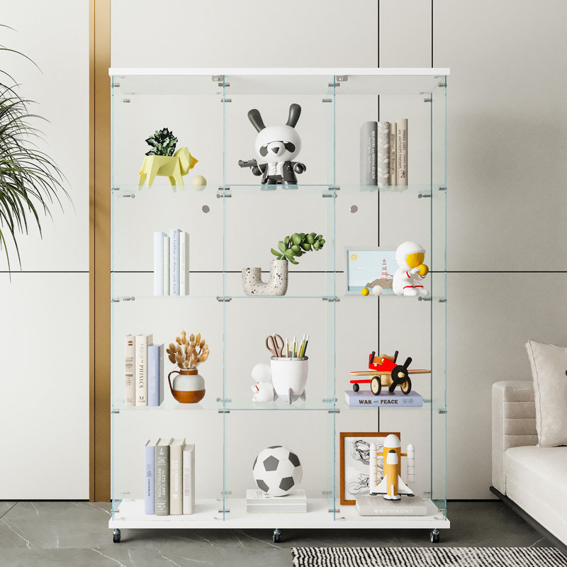 Très grande unité de présentoir en verre, pour la chambre à coucher de salon de bureau - blanc noir, amplement de possibilités de rangement, tablettes en bois massif, fabrication en bois massif, support à 4 tablettes