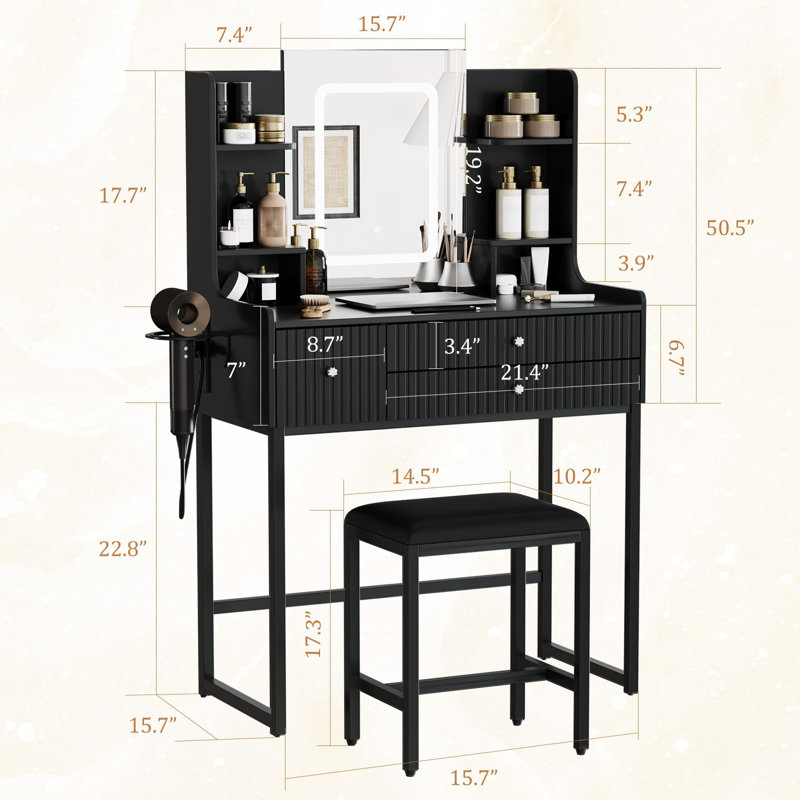 Ensemble de coiffeuse moderne avec miroir lumineux DEL, station de recharge, tabouret, 3 tiroirs, 6 étagères de rangement, support pour sèche-cheveux – Table de maquillage compacte pour chambre, tableau noir + structure en fer noir