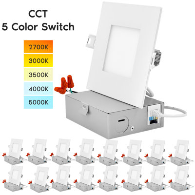 4" Ultra Thin Square LED Recessed Lighting 5 Colour Temperature Options Dimmable 10W IC Rated Wet Rated Canless ETL Listed 16 Pack