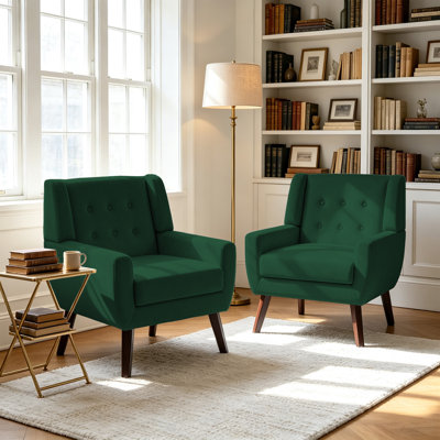 Davey Upholstered Retro Green Velvet Tufted Wide Back Armchair with Solid Wood Leg