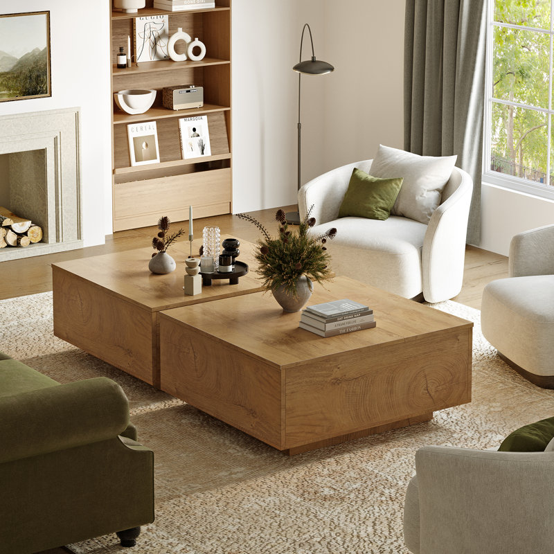 Lift Top Block Coffee Table with Storage, Natural Burl