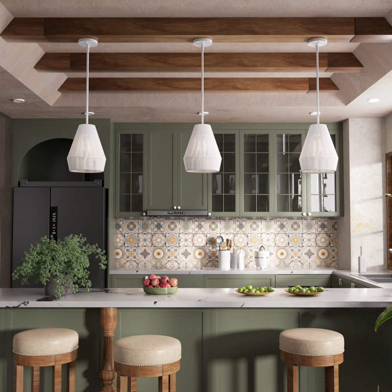Luminaire suspendu en rotin tissé à 1 lumière pour cuisine en acier à intensité variable certifié UL, Blanc crémeux