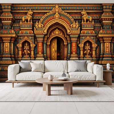 Peel and Stick papier peint vibrant coloré orné porte de temple motifs complexes sculptures murales H 69 po x l 96 po amovible papier mural en PVC auto-adhésif pour le salon de la chambre bureau à domicile