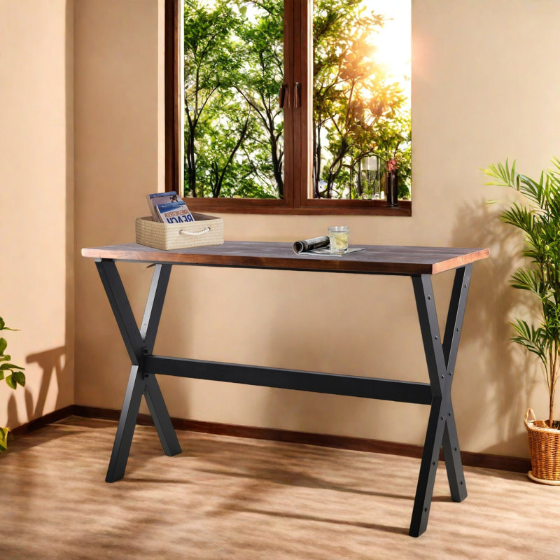 Table de bar, L 62,99 po x H 41,34 po, hauteur de bar, table de pub, haut, rectangulaire, console, table de salle à manger, table basse, pour espace étroit, salon, intérieur, bois brun rustique, métal noir industriel
