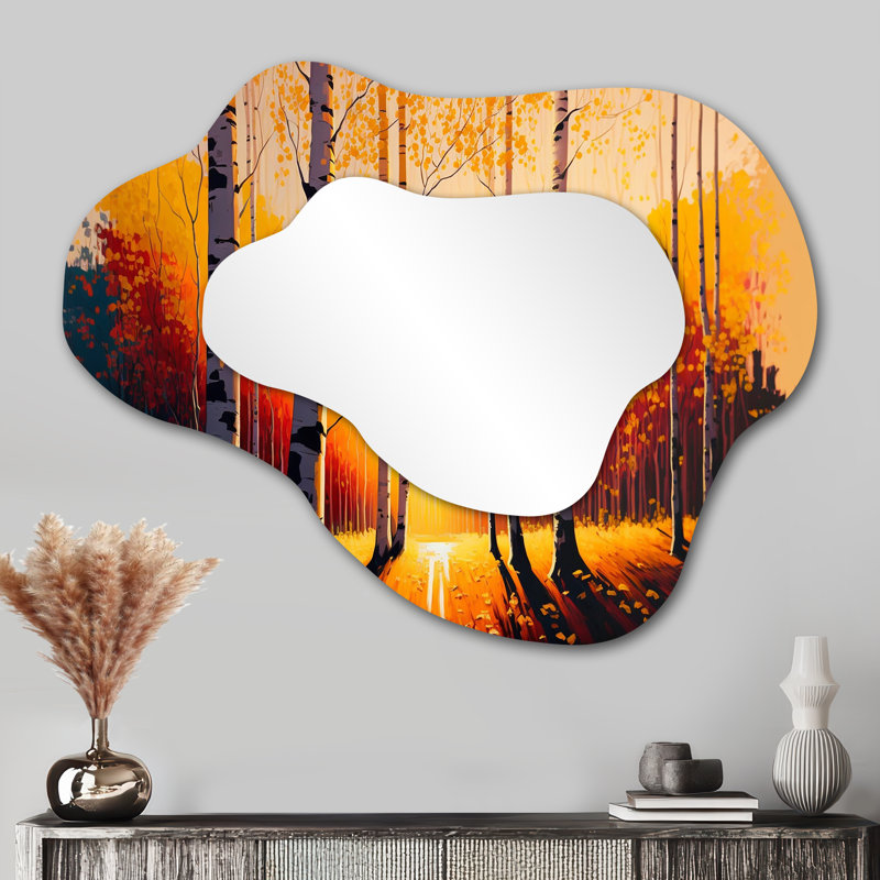 Yadira Golden Hour Birch Trees V - miroir mural asymétrique forêt, miroir décoratif champêtre, impression sur métal