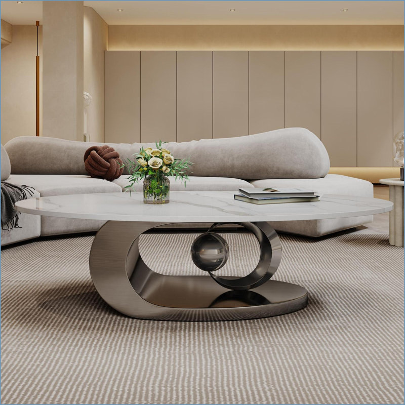 Table basse moderne en faux marbre blanc avec base sculpturale en acier inoxydable Modern Easy Stable