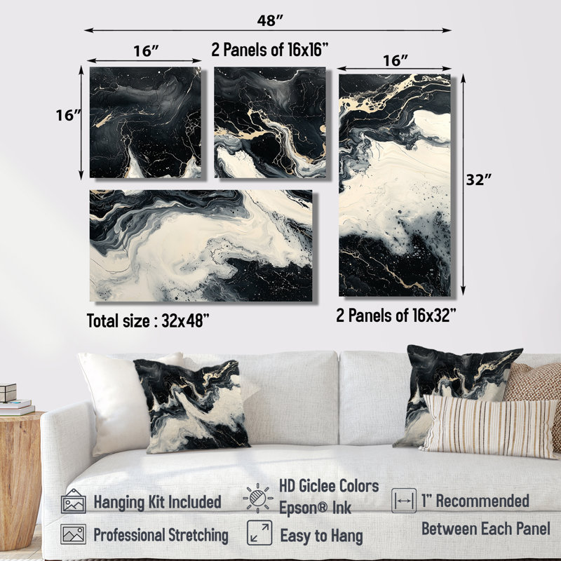 Marbre moderne moderne, impression sur encre monochrome III, art mural abstrait 4 pièces, Toile tendue, Ne s’applique pas