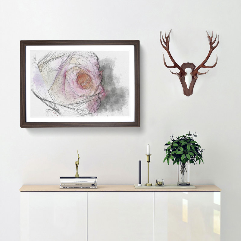 Pink Tipped Rose Sketch - Picture Frame Graphic Art Print, 36cm H x 48cm W x 2cm D, Walnut Framed
