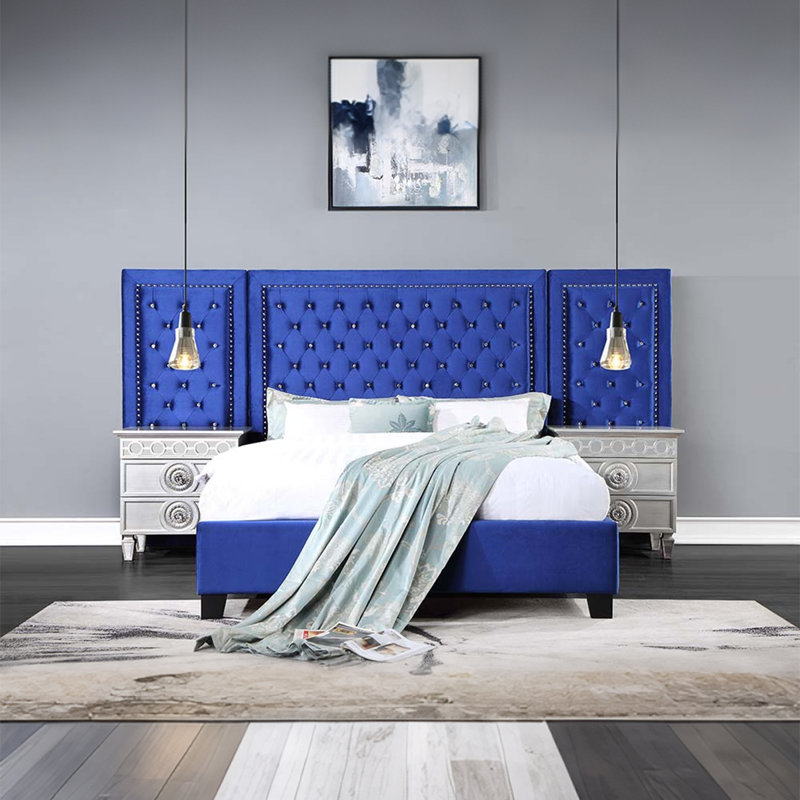 Lit Queen moderne recouvert de velours bleu