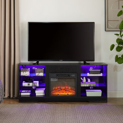 Meuble télé électrique avec portes en verre, noir Peut accueillir
