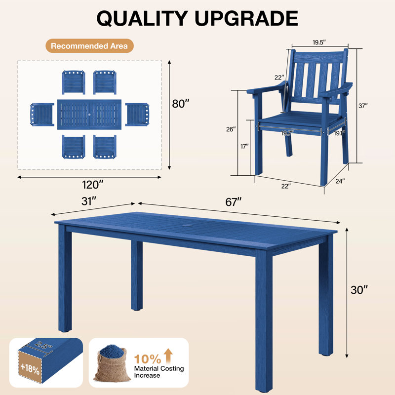 All Weather Rectangular Patio Table With Umbrella Hole And Aluminum Frame - Outdoor Furniture For Outside Backyard/Garden/Pool/Porch/Deck