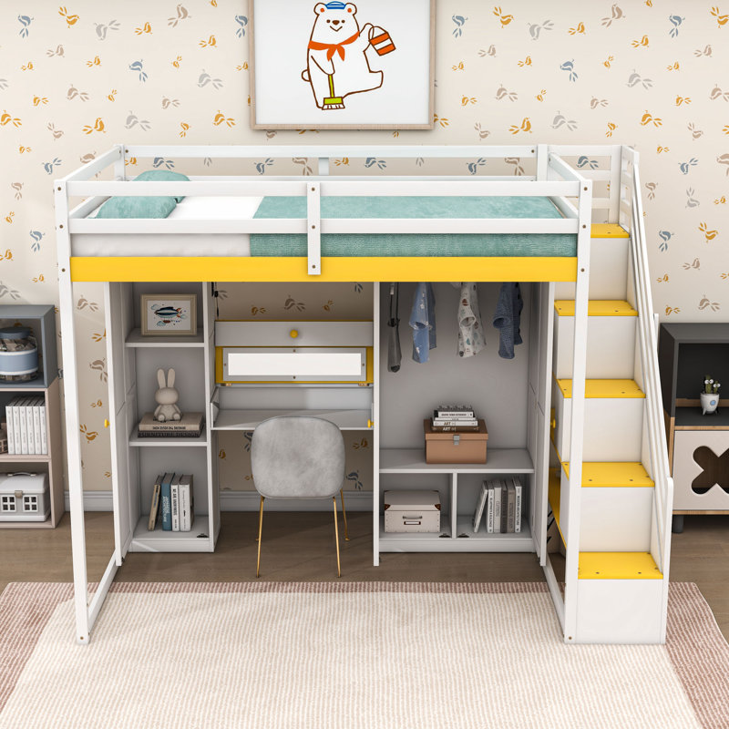 Lit mezzanine double avec coiffeuse, armoire, miroir et station de charge, Blanc / Jaune