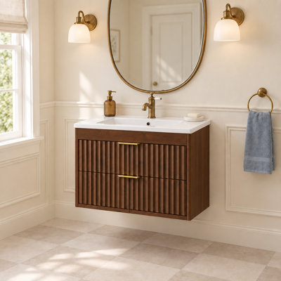 Meuble-lavabo de salle de bain de 61 cm (24 po) avec lavabo encastré en céramique, meuble-lavabo en bois avec rangement dissimulé (sans robinetterie) - Brun