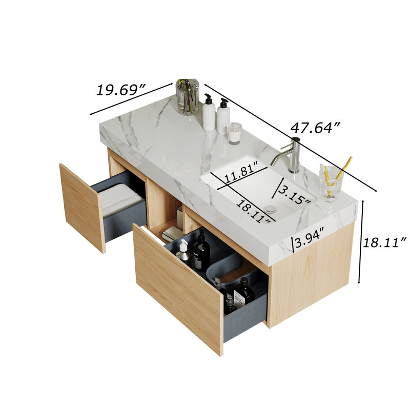Meuble-lavabo simple 48 po moderne, plateau en pierre frittée blanche brillante, armoires en bois clair