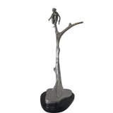 Monkey Resting On A Tree Silver Finish Bronze Statue - Size: 12" X 13" X 27"H.