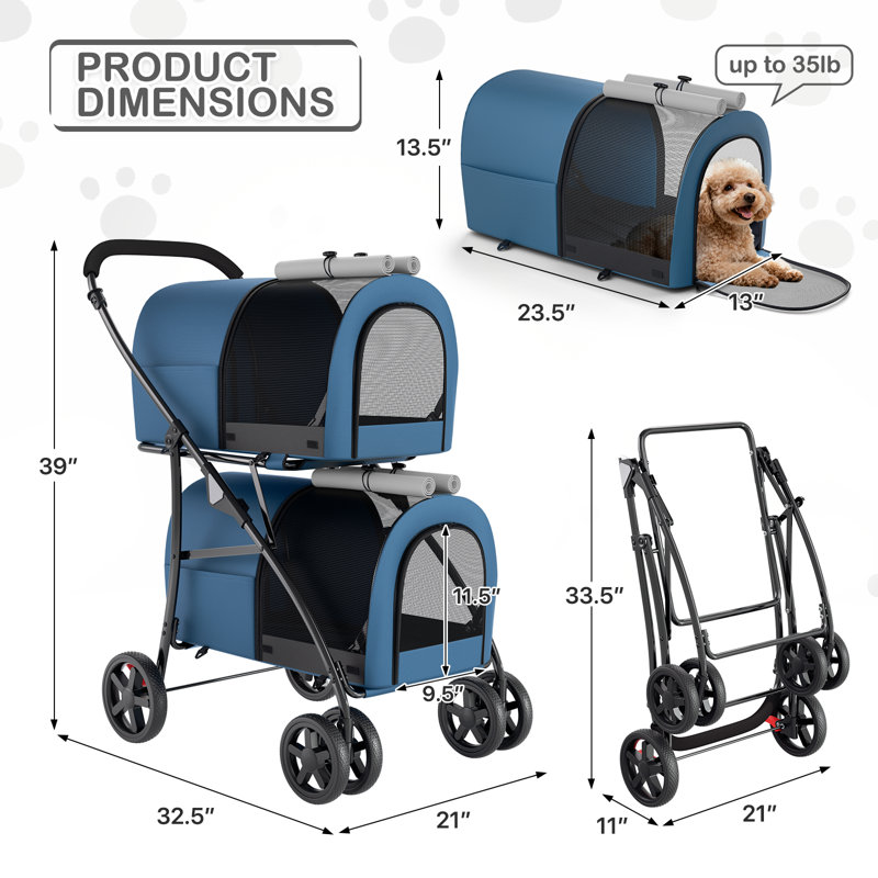 Foldable Pet Stroller with Double Detachable Carriers, Folding Dog Cat Jogger Stroller with Tether, Blue/Gray