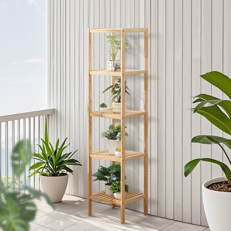 Natural Bamboo 5-Tier Corner Ladder Bookshelf
