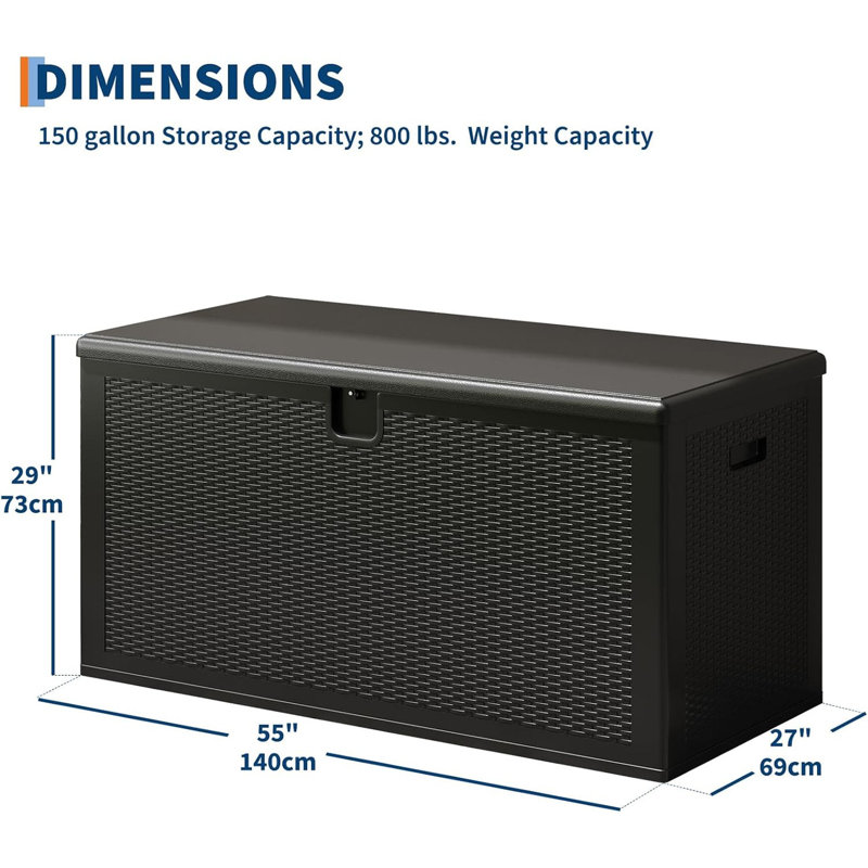 150 Gal Lockable Resin Deck Box, Waterproof Outdoor Storage with Bench Lid for Patio, Pool & Garden, Black