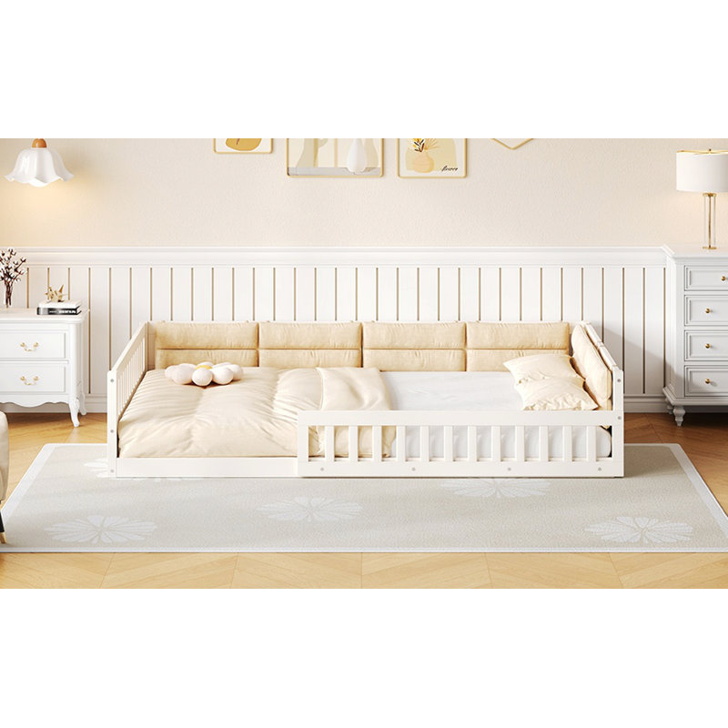 Modern Bed Frame For Bedroom, Guest Room, Bedroom Bed Wood Upholstered Platform Bed With Guardrail, Beige