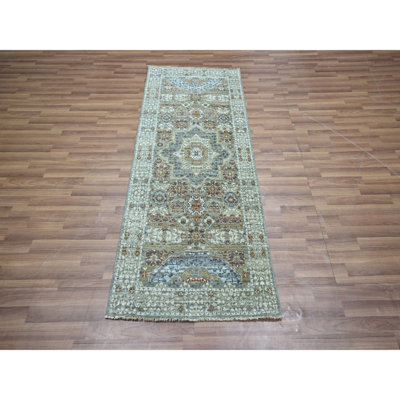 2'7"x6'3" Sage Green, Pre Historic 14th Century Influence, Mamluk Design, Natural Dyes, Hand Knotted, Pure Wool, Runner, Oriental Rug