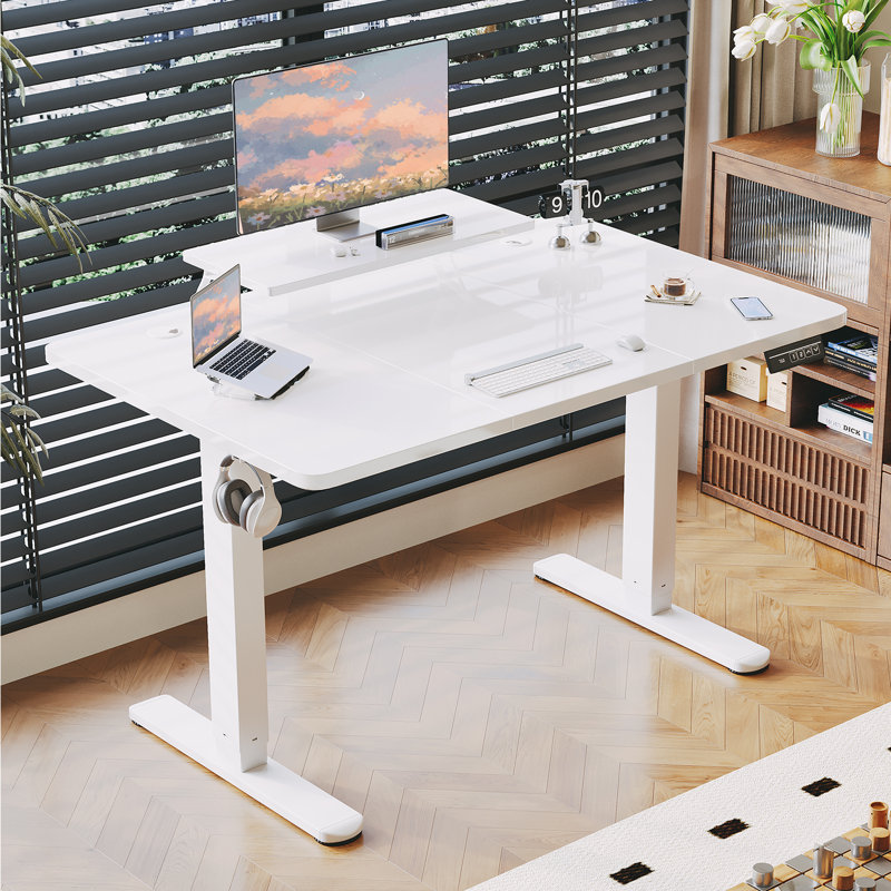 T-Shape Electric Standing Desk With Monitor Stand Memory Smart Pannel Home Office Desk, White, White, 140 W x 60 D
