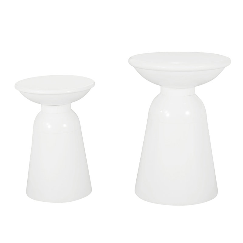 Serenita Outdoor Iron Side Tables With Flared Design, Set Of 2, White